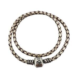 Pandora 925 Sterling Silver White Brown Braided Leather Wrap Charm 13” Bracelet